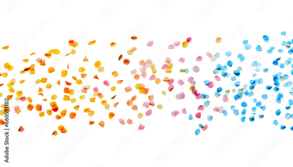 flying yellow orange pink blue colorful petal confetti isolated on transparent background cutout - obrazy, fototapety, plakaty 