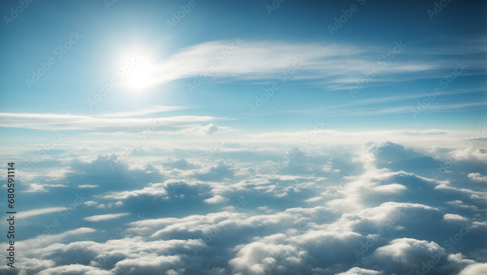 Bright sunbeams in the sky, from above the clouds background. Minimal nature, summer, seasonal concept. Abstract product placement idea. Copy space.