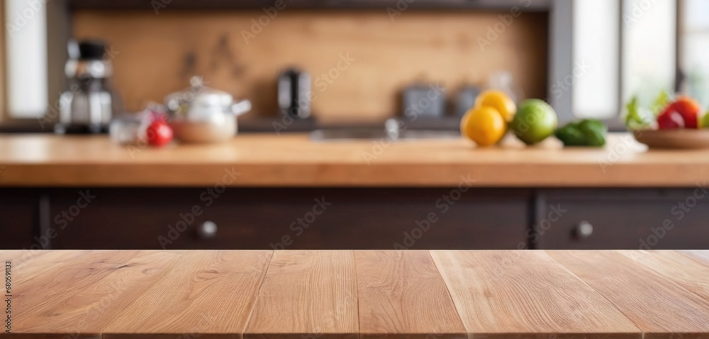 Wooden table on blurred kitchen bench background. Empty wooden table and blurred kitchen background for display or montage your products