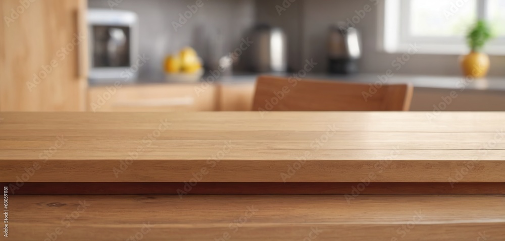Wooden table on blurred kitchen bench background. Empty wooden table and blurred kitchen background for display or montage your products Wooden table on blurred kitchen bench background. Empty wooden table and blurred kitchen background for display or montage your products
