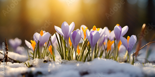 A purple flower in the snow with a blurred background ,The first spring flowers, crocuses in a forest with snow background also have copy space with generative ai 