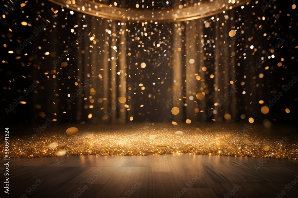 Golden confetti rains down upon a festive stage, mockup space that is perfect for award ceremonies, jubilees, New Year's parties, or product presentations. Created with generative AI tools - obrazy, fototapety, plakaty 