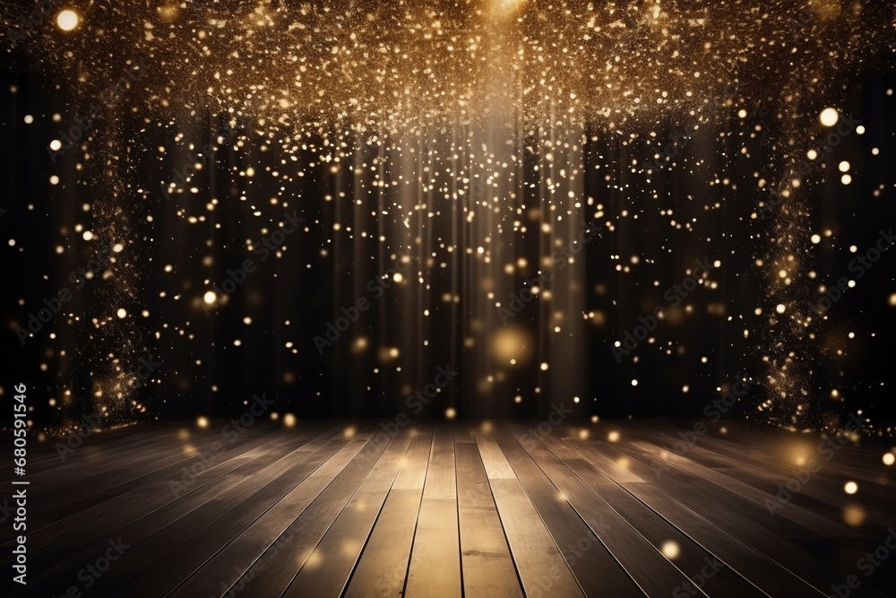 Golden confetti rains down upon a festive stage, mockup space that is perfect for award ceremonies, jubilees, New Year's parties, or product presentations. Created with generative AI tools