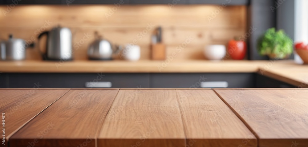 Wooden table on blurred kitchen bench background. Empty wooden table and blurred kitchen background for display or montage your products Wooden table on blurred kitchen bench background. Empty wooden table and blurred kitchen background for display or montage your products