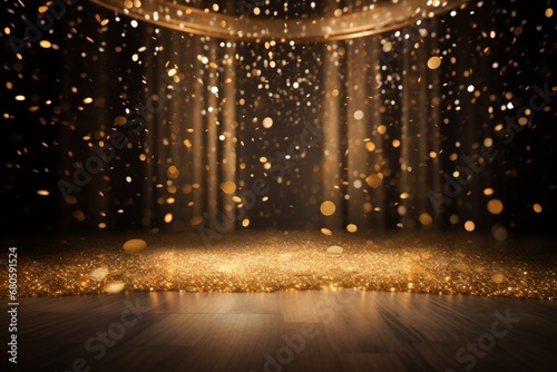 Golden confetti rains down upon a festive stage, mockup space that is perfect for award ceremonies, jubilees, New Year's parties, or product presentations. Created with generative AI tools