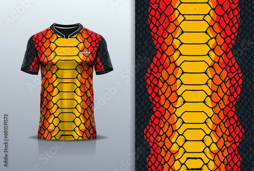 T-shirt mockup with abstract snake skin jersey design for football, soccer, racing, esports, running, in yellow red color