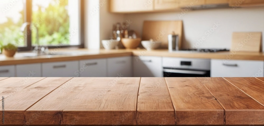 Wooden table on blurred kitchen bench background. Empty wooden table and blurred kitchen background for display or montage your products