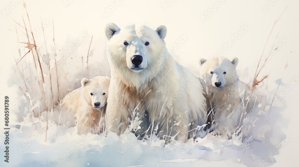 A family of polar bears in the middle of a snowy field, drawn with watercolors.