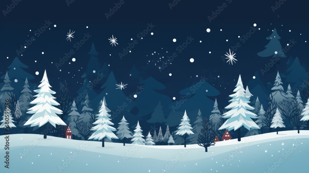 Winter and Christmas landscape with trees, stars and snow