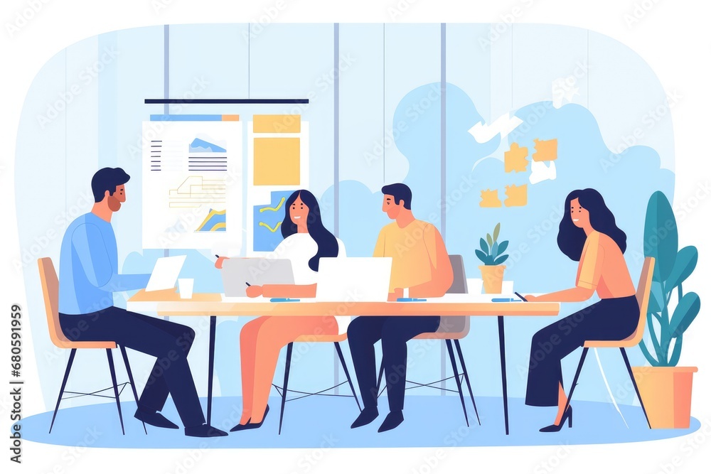 Flat design illustration of businessman and businesswoman in a meeting at the office