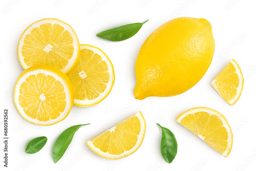 Ripe lemon with half isolated on white background with full depth of field. Top view. Flat lay