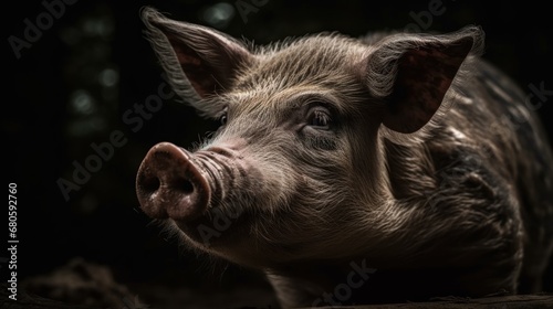 Portrait of a pig on a dark background. Animal portrait. Wildlife concept. Farming Concept.