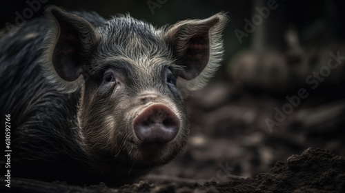 Portrait of a little pig in the farm. Selective focus. Wildlife concept. Farming Concept.