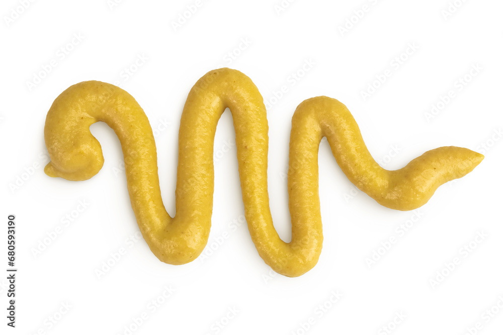Obraz premium Mustard sauce isolated on white background. Top view. Flat lay