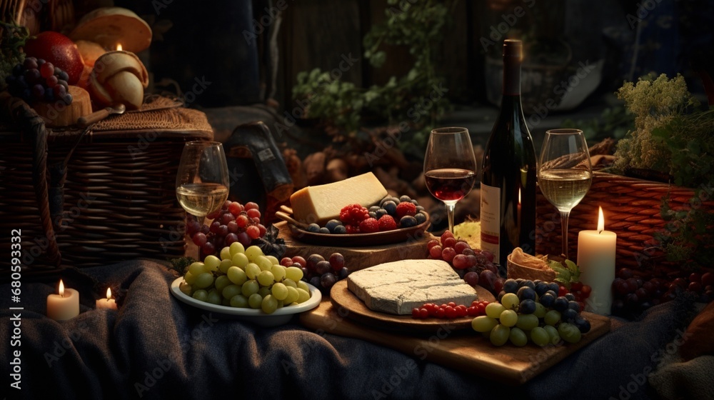 A rustic picnic basket filled with gourmet snacks, wine, and a cozy blanket for two.