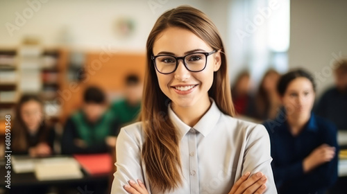 Young teacher arm crossed in the classroom with a student