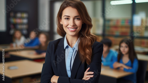 Young teacher arm crossed in the classroom with a student