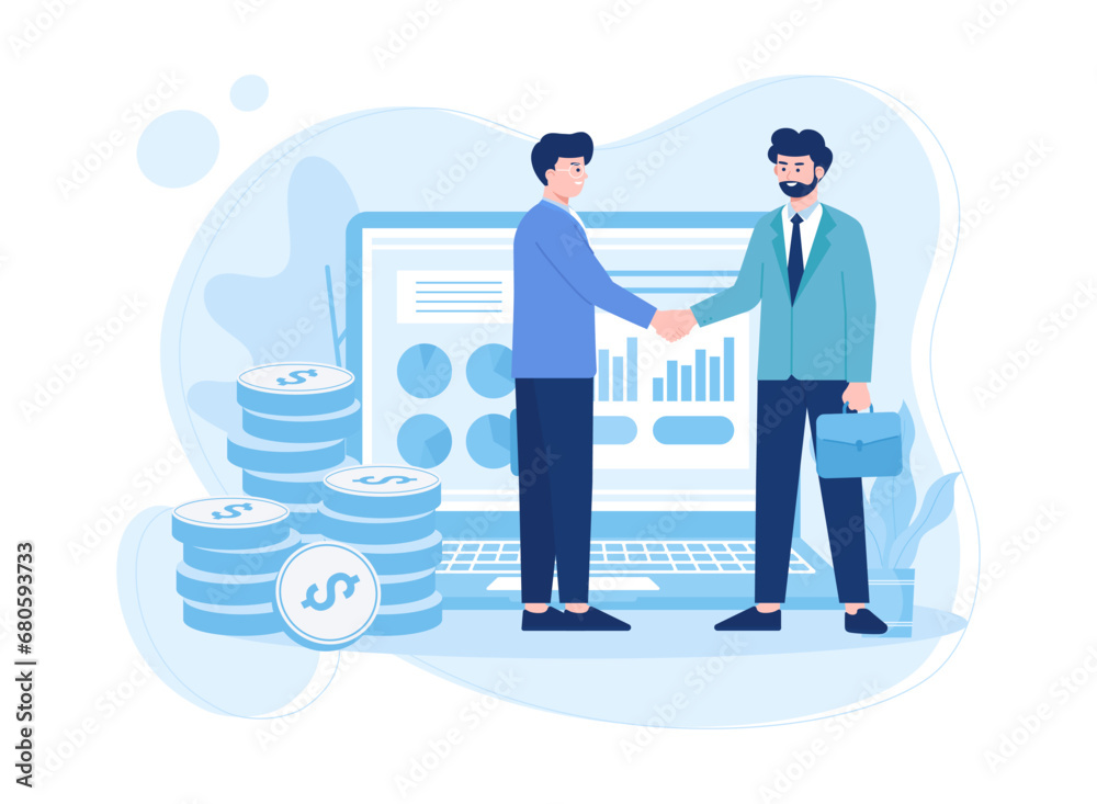 Two men are shaking hands on success in their business concept flat illustration Two men are shaking hands on success in their business concept flat illustration
