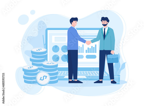 Two men are shaking hands on success in their business concept flat illustration