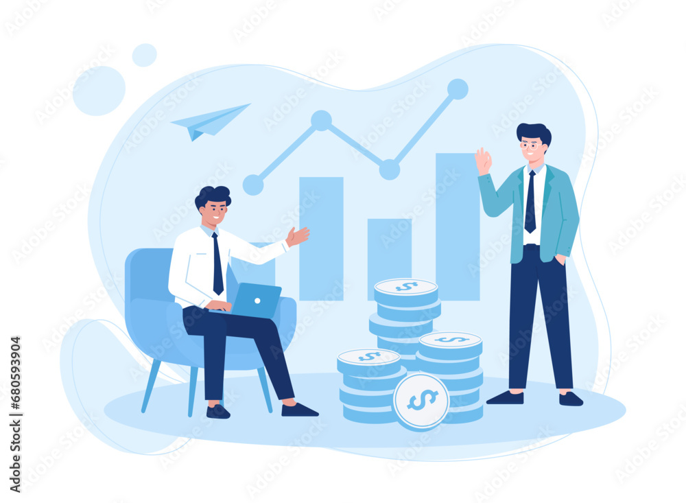 Two men discuss annual business targets concept flat illustration Two men discuss annual business targets concept flat illustration