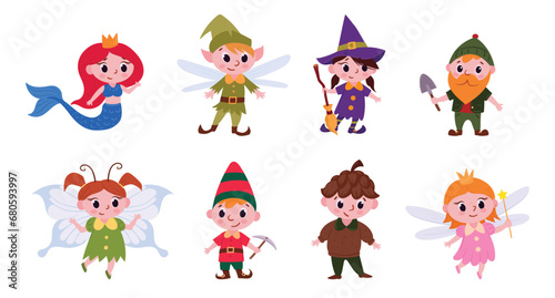 Cartoon fairytale characters. Fantasy mascots, cute gnome, mermaid and fairy flat vector illustration set. Fairy tale characters collection