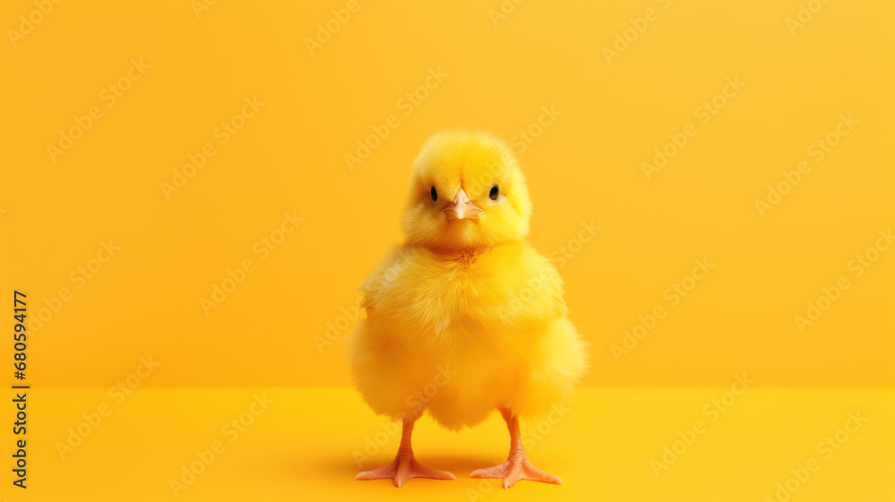 Single Small Chicken on Yellow Background