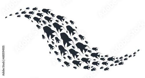 Fish shoal silhouette. Exotic fish shoal, tropical underwater fish swimming group, coral reef fauna flat vector illustration
