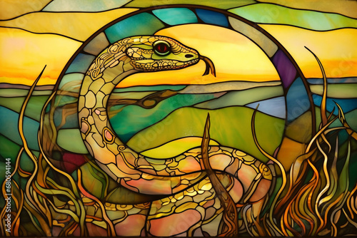 Schlange - Glasmalerei Mosaik von Tieren am Teich - buntes Tiffany Glas photo