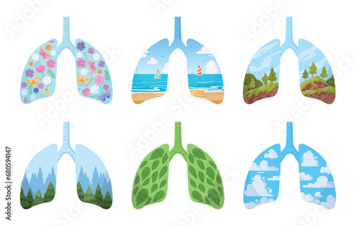 Human healthy lungs. Cartoon clean lungs, fresh air, flowers and leaves. Green planet lungs metaphor, environment care concept flat vector illustration