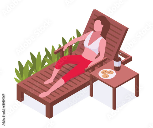Isometric woman chilling on sunbed. Summerhouse garden furniture and chilling female character, girl spending time on backyard 3d vector illustration