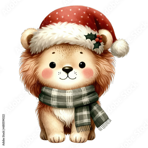 Watercolor Cute Lion with Santa Hat and Scarf