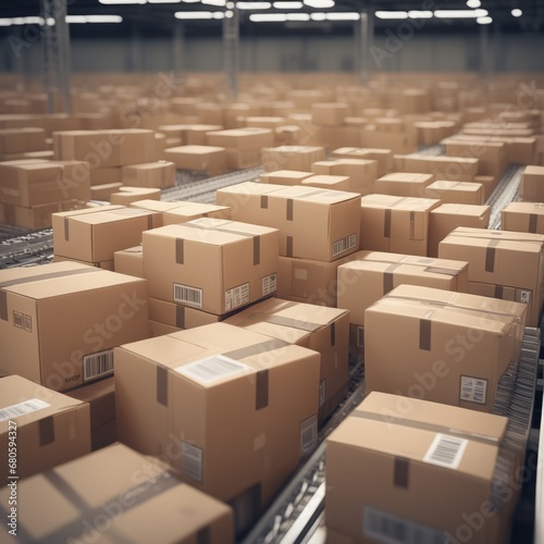 3d rendering of cardboard warehouse boxes with conveyor belt. 3d rendering of cardboard warehouse boxes with conveyor belt. warehouse warehouse or warehouse with boxes, 3d illustration © Shubham
