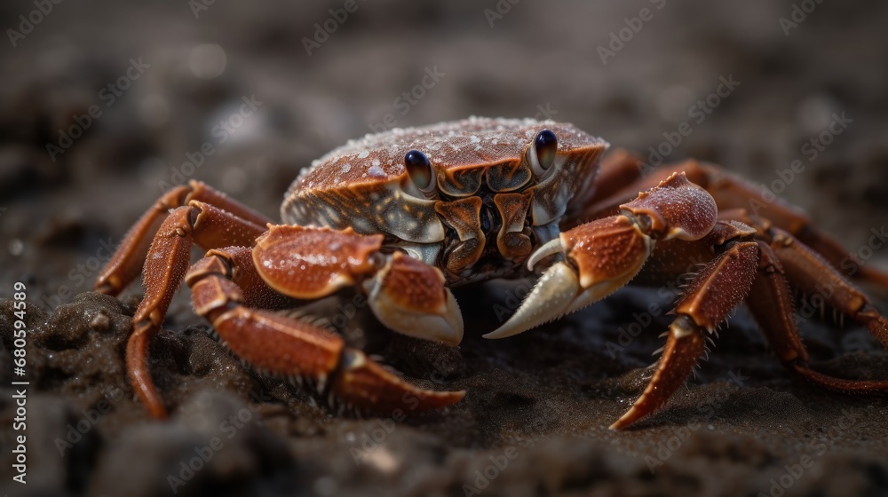 Close up of a red crab on the sand in the rain. Wildlife concept.  Seafood concept.
