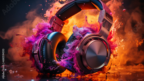 Headphones with colorful fire and smoke on black background. Music concept,Generative AI