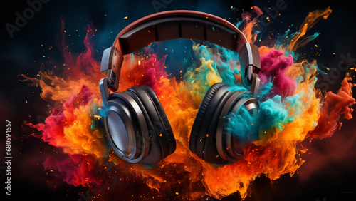 Headphones with colorful fire and smoke on black background. Music concept,Generative AI
