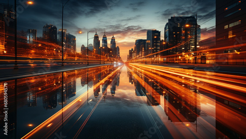 the light trails on the modern building background in shanghai china,Generative AI