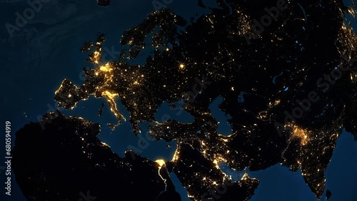 Spinning Earth at Night with City Lights. Several Regions seen From Space. Europe, Middle East, Asia and North Africa. Russia, Germany, Israel, Saudi Arabia, India. photo