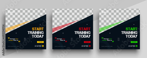 Gym and fitness social media post banner template with Yellow red and green color, Sports and Fitness social media post banner