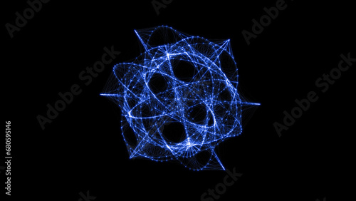 Flowing orbital polygonal sphere shape HUD, FUI element. Plexus style connecting lines and dots.