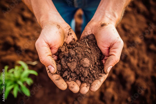 Human hands holding soil with green grass background. Earth day concept.