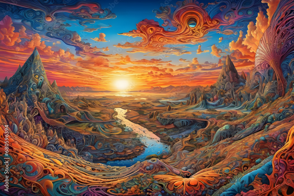 Colorful Surreal Landscape at Sunset. Created with Generative AI