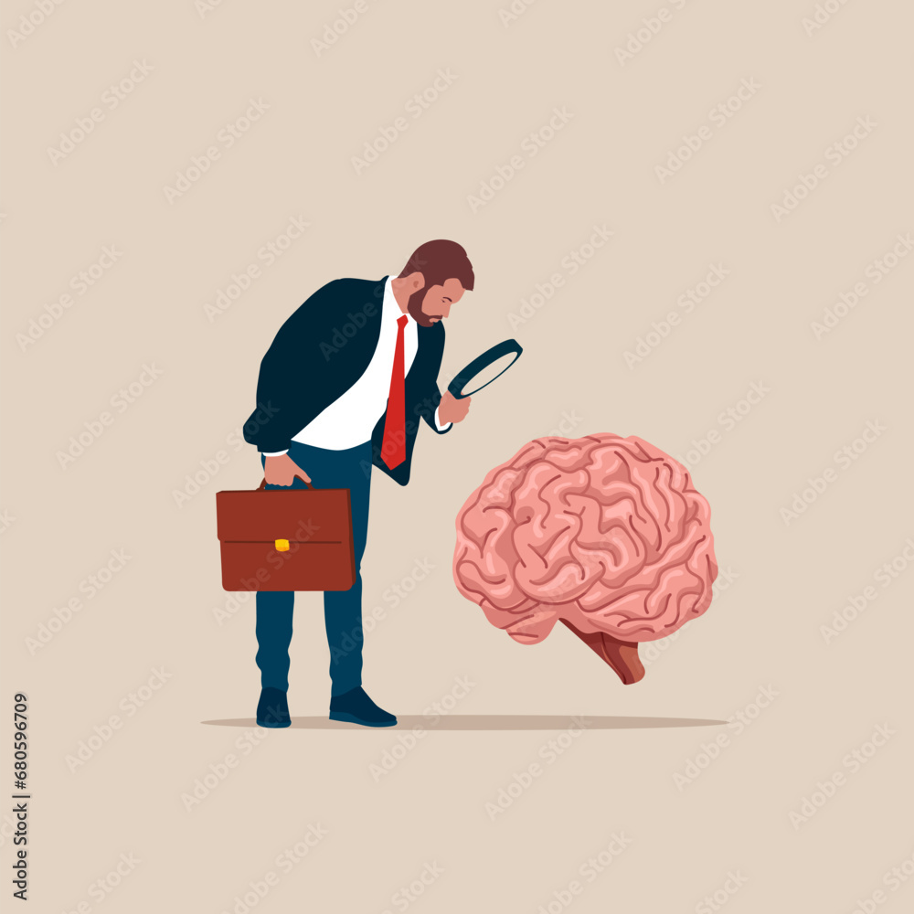 Businessman looking at brain through magnifying glass. Analyst. Vector illustration Businessman looking at brain through magnifying glass. Analyst. Vector illustration