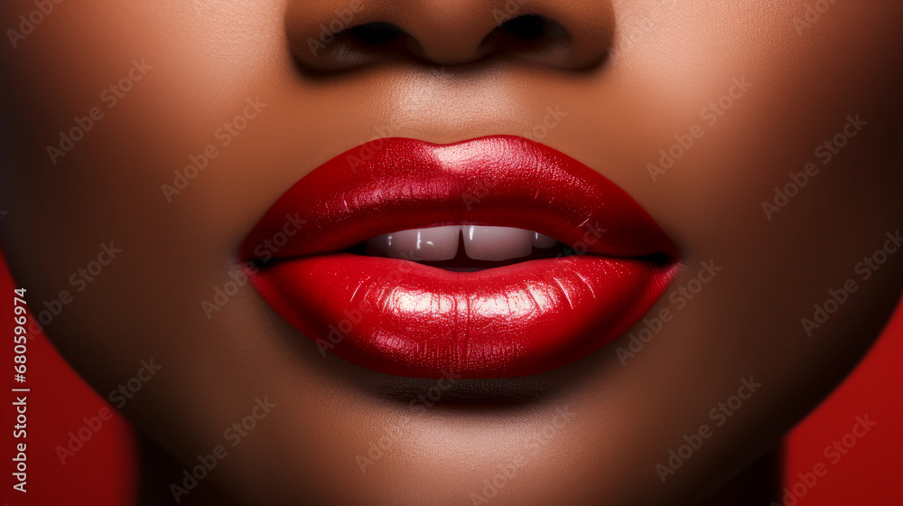 Lips with red lipstick and white teeth of a beautiful, elegant, sexy white woman with perfect skin, close-up.