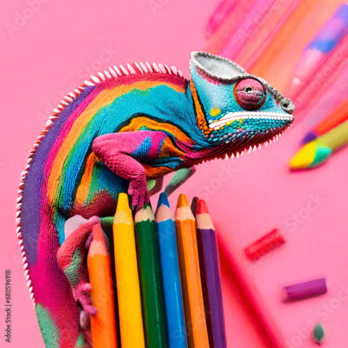 chameleon on multicolor pencils