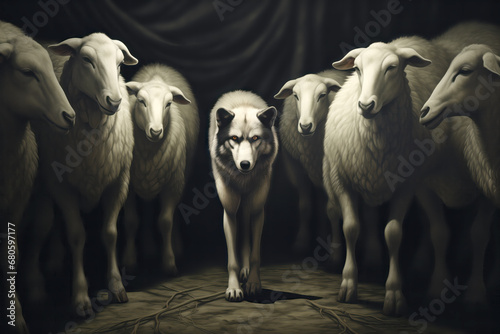 A wolf walks among a group of sheep, illustrating cunning and disguise