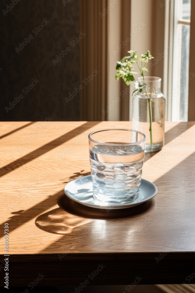 Close up pouring purified fresh drink water from the bottle on table in living room Close up pouring purified fresh drink water from the bottle on table in living room