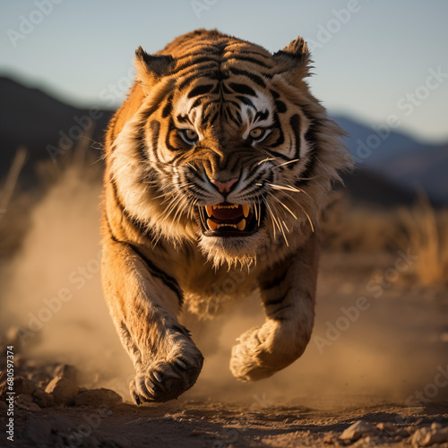 A deadly strike is imminent as a ferocious tiger  claws extended  runs for the attack in the morning light  Generative AI