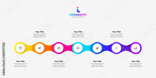Horizontal progress diagram with seven circles. Concept of 7 steps of business timeline. Creative infographic design template