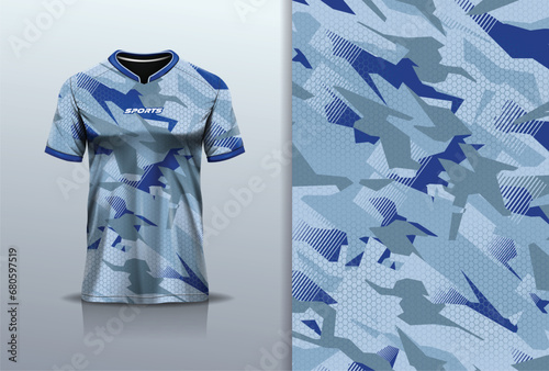 T-shirt mockup with abstract camouflage pattern jersey design for football, soccer, racing, esports, running, in blue color