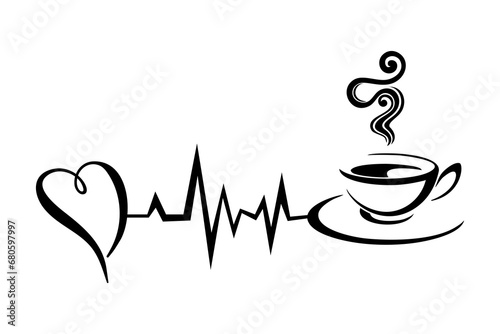 Coffee Heartbeat, vector illustration of cardiogram with coffee cup shape.